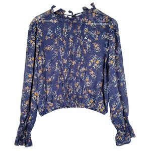 Self Esteem Sheer Floral Blouse Womens Large Navy Blue Pintuck Boho Cottage Top